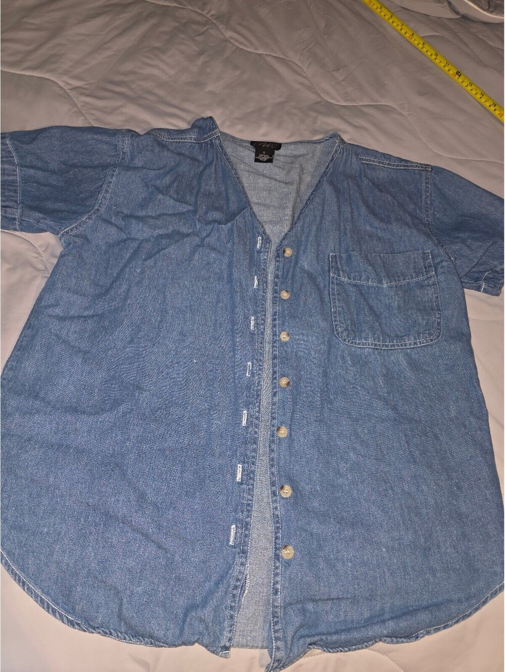 Vtg 90's Chic Button Up S Boho Short Sleeve Denim Shirt Blue Indie Hippy Cotton
